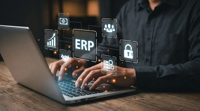 Businessman using ERP enterprise resource planning system on laptop