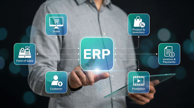 Businessman using ERP software system for enterprise resource planning
