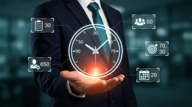 Businessman holding virtual clock showing time management strategy concept