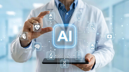 Fototapeta premium Doctor using artificial intelligence AI healthcare medical technology concept