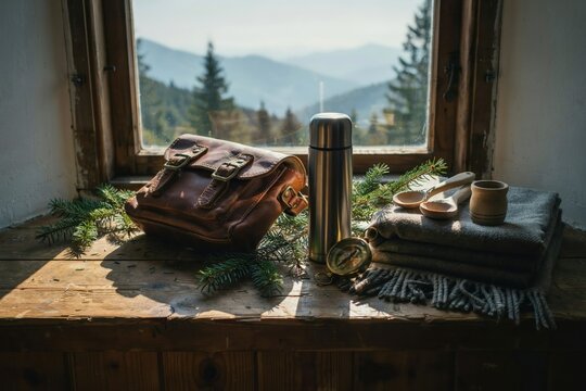 A brown leather satchel bag, metal thermos, wooden spoons, and a folded wool blanket resting on a rustic wooden windowsill overlooking mountains