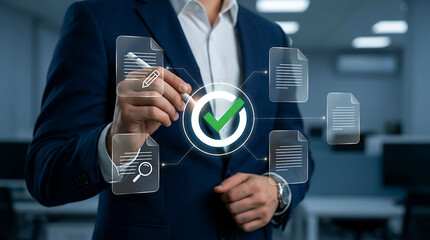 Obraz premium Businessman signing digital document approval and corporate compliance check