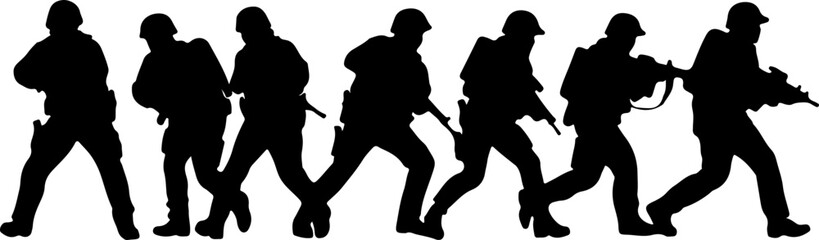 Obraz premium Silhouette set of soldiers in tactical gear and combat poses, black military infantry figures with rifles on white background, vector illustration
