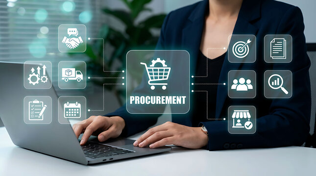 Businessperson managing procurement process and supply chain on laptop