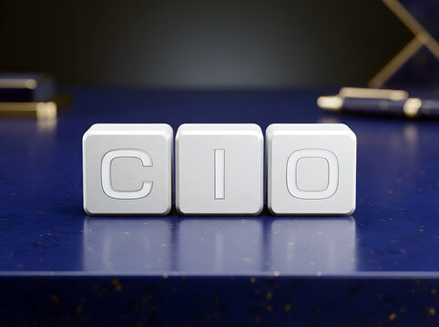 CIO Concept With Minimalist White Blocks Displayed On A Glossy Blue Surface For Modern Technology And Business Leadership