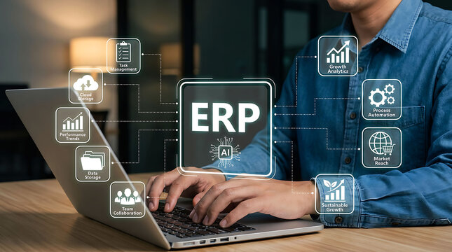 Businessman using ERP software system with AI integration on laptop