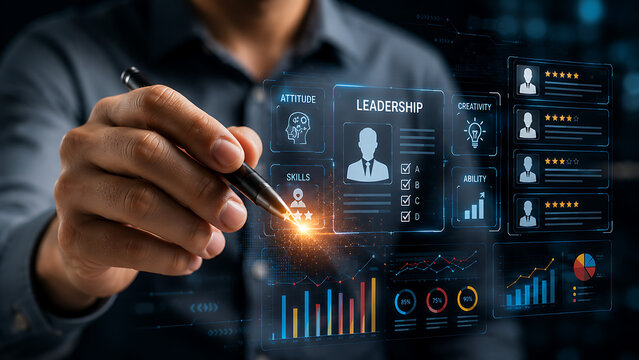 Businessman reviewing leadership metrics on futuristic interface with glowing data points during analysis