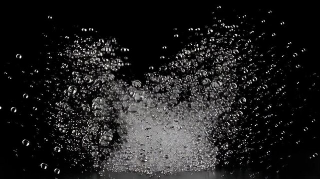 Water droplet explosion splash black background with dynamic spray floating bubble particles, glass sphere reflective orb transparent liquid abstract object, dramatic circular motion frozen motion