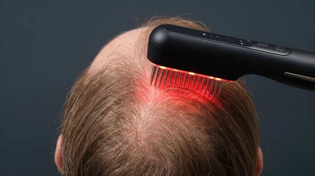Top view of red light therapy hair growth comb massaging thinning crown scalp for hair loss treatment