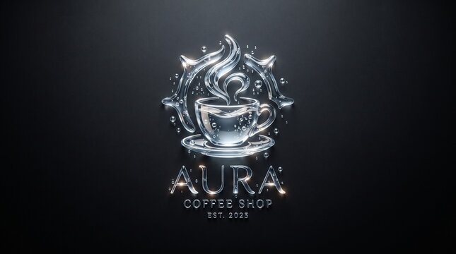 Aura Coffee Shop liquid water glass cup logo emblem for cafe branding, beverage packaging, coffee menus, and signage.