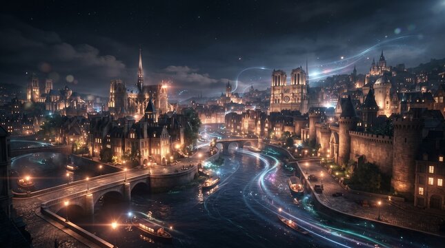 Magical European city panorama at night with illuminated castle and river for fantasy book covers, gaming backgrounds, travel posters, and web banners.