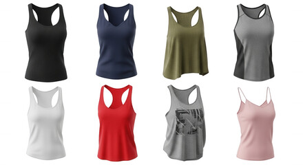 Naklejka premium assortment of eight athletic tank tops for workout or casual wear various colors isolated white background product shots