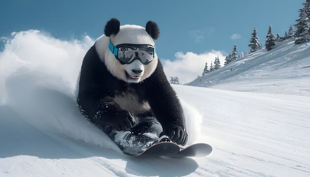 Panda skiing down snowy mountain slope with goggles, fun winter sports action.