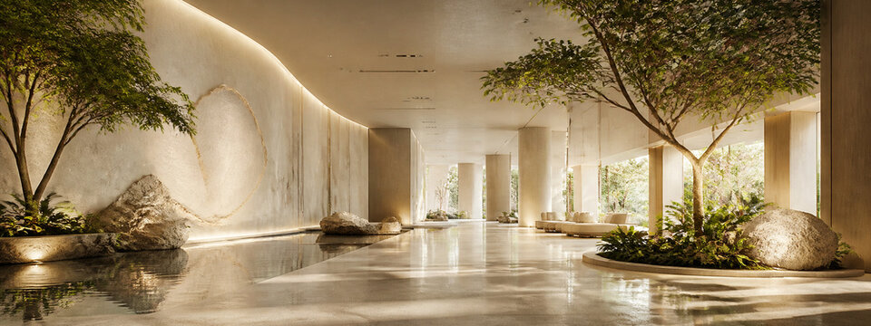 Restorative lobby with indoor trees and a reflecting pool