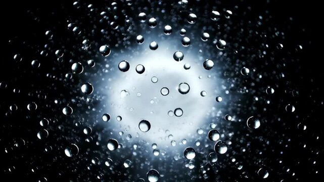 Water droplet explosion in dark abstract background with bright center glow, floating sphere, dramatic liquid motion, reflective surface, abstract macro texture, dynamic splash scene