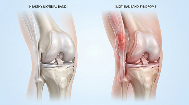 Iliotibial Band Syndrome (ITBS) vs Healthy Knee Anatomy 3D Illustration