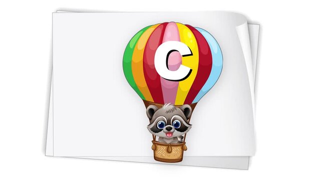 Animated Cartoon Raccoon in Hot Air Balloon Over White Paper