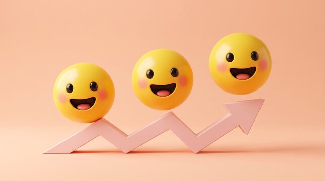 Smiling Emoticons Ascending Graph: Three cheerful yellow emoticons with big smiles and blushing cheeks sit atop an upward-trending pink graph, symbolizing happiness and positive growth.