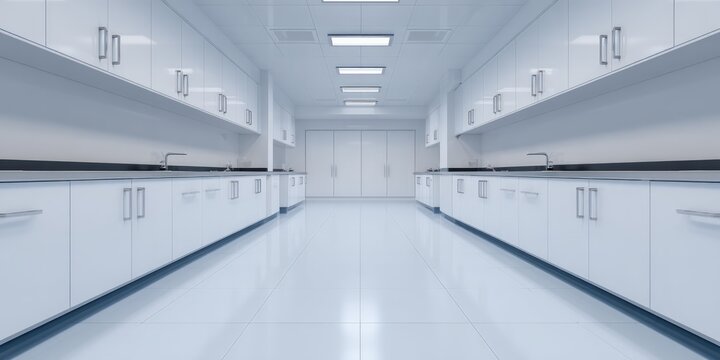 Empty modern laboratory corridor with white cabinets and clinical interior for scientific research and medical biotechnology development background