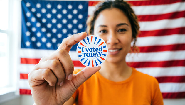 Proud Hispanic woman holding "I Voted Today" sticker in front of US flag. Smiling young female voter showing election sticker after voting in United States election.