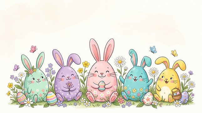 Cute easter bunny eggs with spring flowers and easter eggs