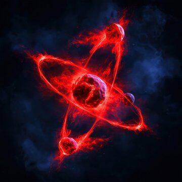 A stunning abstract representation of an atom, featuring a glowing red nucleus surrounded by energetic electrons moving in bright light orbits against a dark blue cosmic background.