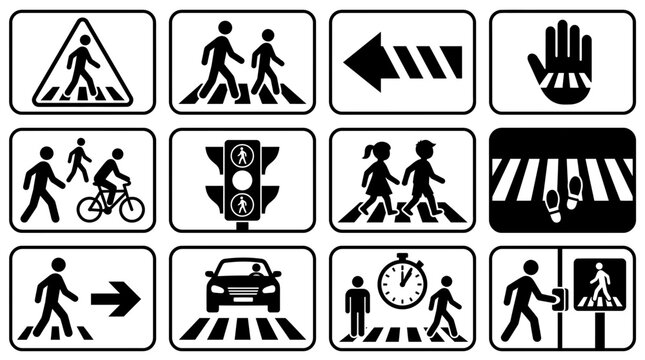 Pedestrian crossing and road safety traffic sign icons.
