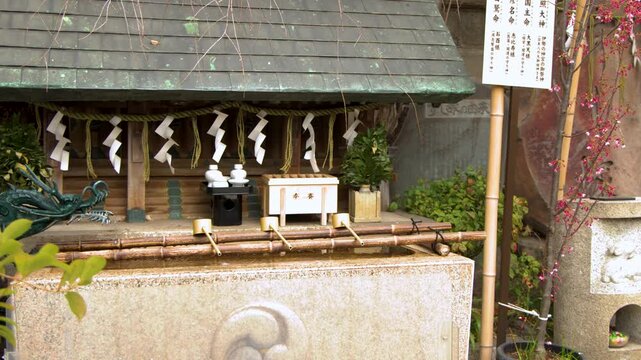 Traditional Shinto Chozuya Water Basin with Dragon Statue in Tokyo