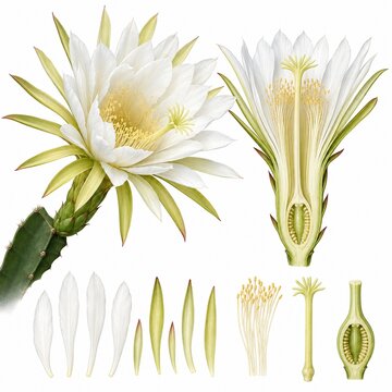 Dragon Fruit Flower Anatomy with Petals, Stamens, Pistil and Ovary Parts