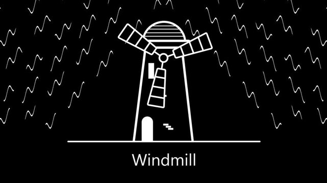 Animated windmill with rotating propeller line icon. Machine operated by the force of wind animation. Mill grain, pump water. Outline element on white background. HD video with alpha channel