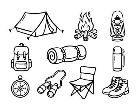 Collection of hand drawn camping and hiking equipment icons.