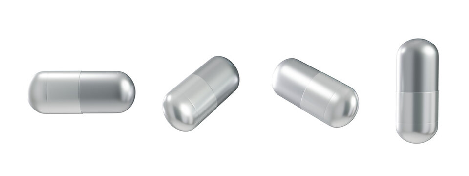 Set of four grey medical capsules isolated on white background with health care
