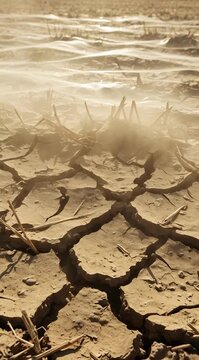 Dry cracked earth texture with blowing dust in extreme drought, climate change impact, environmental crisis, barren land landscape