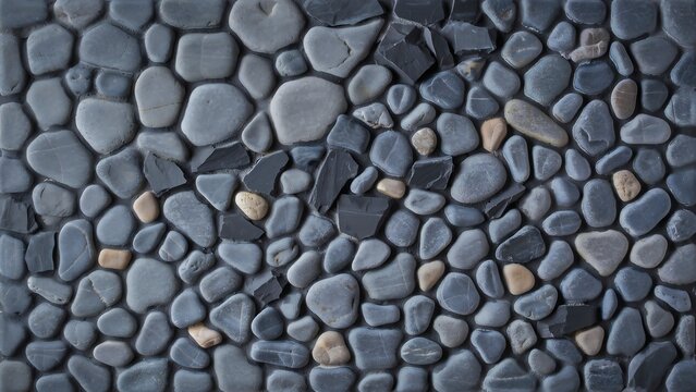 A seamless repeating texture pattern featuring smooth, rounded grey and dark river pebbles or stone wall cladding.