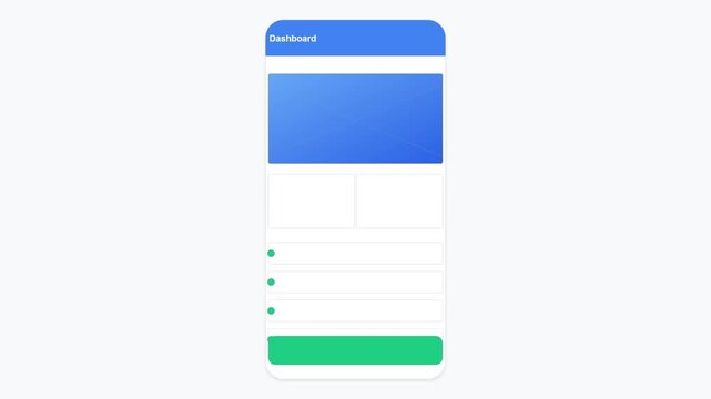 Minimalist mobile application UI UX dashboard interface mockup wireframe illustration featuring clean blue header banners and green functional button layout