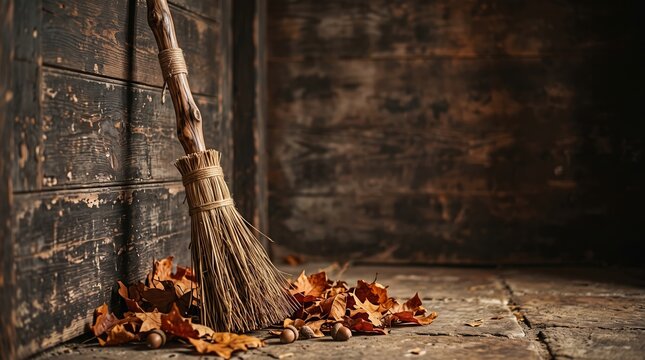 Wooden straw broom leaning against dark rustic wall with autumn fallen leaves and acorns on aged floor for halloween decor.