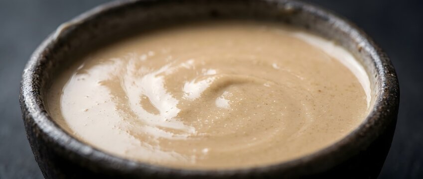 Creamy tahini sauce in a rustic bowl close up
