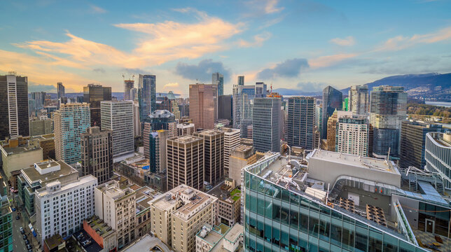 High angle view of downtown Vancouver city skyline in  British Columbia