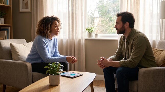 Young couple having serious conversation on living room sofa with conversation