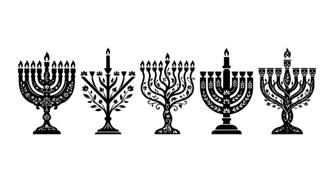 Elegant Hanukkah Menorah Collection, Festive Jewish Holiday Symbols, Ornate Candelabra Vector Set