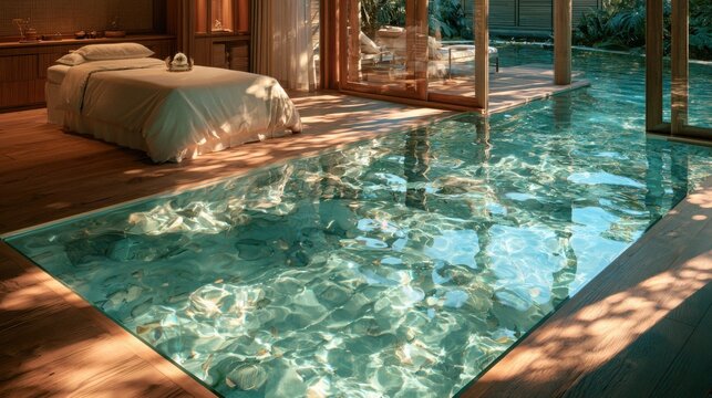 Massage table rests inside a serene luxury spa room alongside an illuminated indoor pool with clear rippling water.