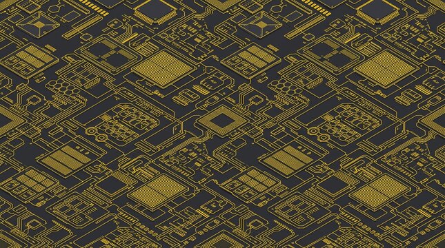 Isometric Gold Circuit Board Seamless Background