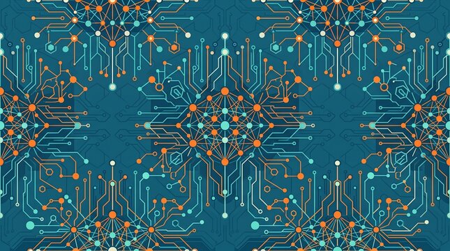 Teal and Orange Seamless Digital Circuit Board Pattern