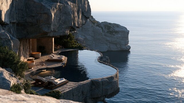 Cliffside infinity pool offers panoramic ocean views from an exclusive luxury hideaway.