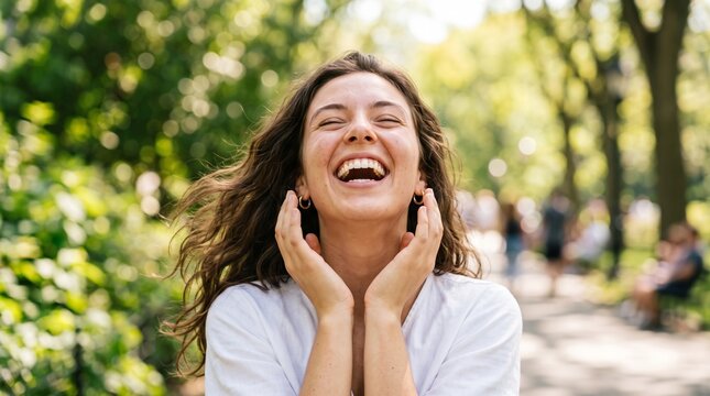 Joyful young woman laughing out loud in the park