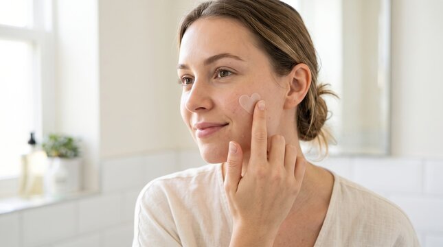 Woman using heart shaped pimple patch in bathroom