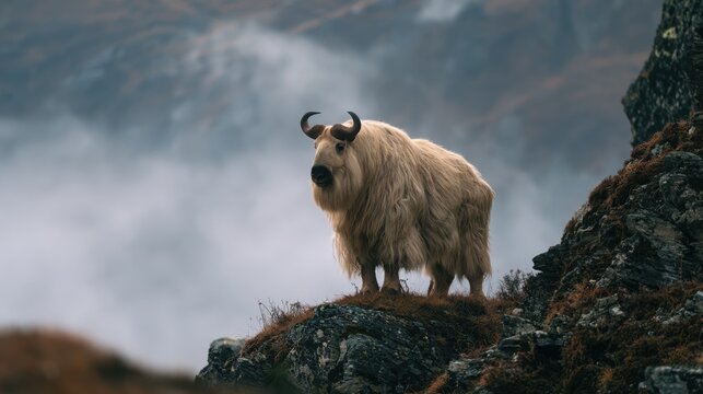 Takin stands on a rocky mountain ridge surrounded by dense fog.