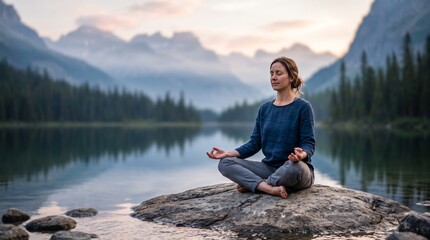 Fototapeta premium Woman meditating on a rock by a mountain lake