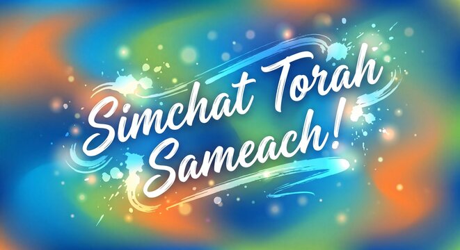 Abstract Torah Scrolls and "Simchat Torah Sameach" Text with Colorful Splashes, joyful greeting