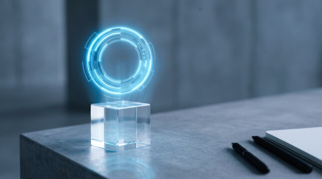 Futuristic key performance indicator kpi interface with hologram technology on glass cube in modern office setting